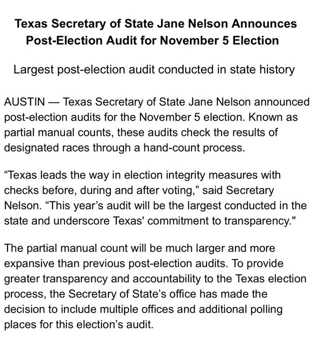 BREAKING: Texas SoS Jane Nelson Announces Post-Election Audit of 2024 Election – Any Fraud Identified Will Be Prosecuted