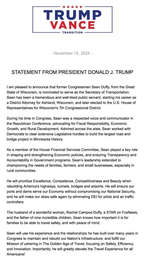 BREAKING: Trump nominates former congressman Sean Duffy for Transportation Secretary